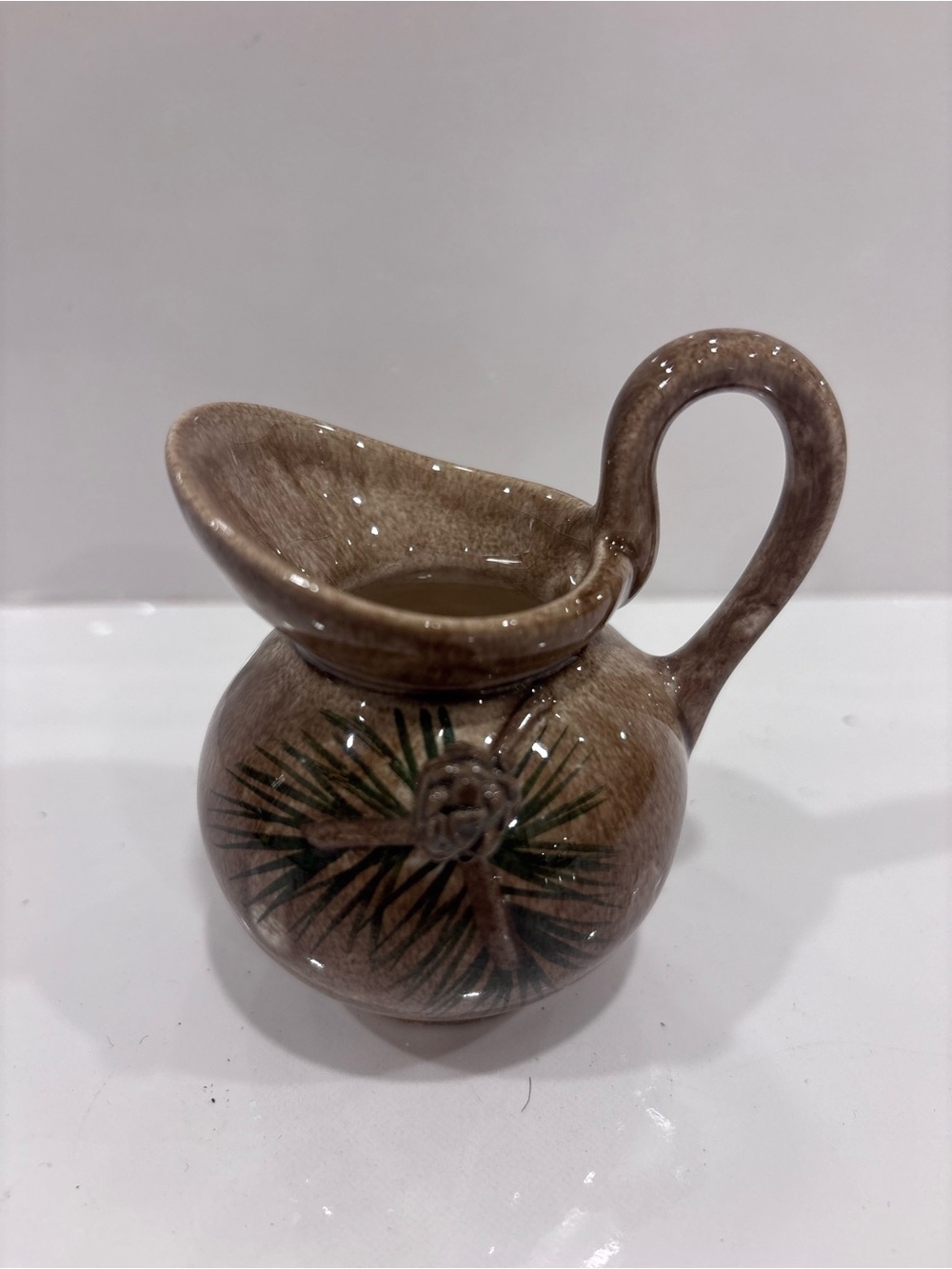 Vintage Miniature Ceramic Cream Pitcher Pinecone & Pine Branch Brown Pottery Jug